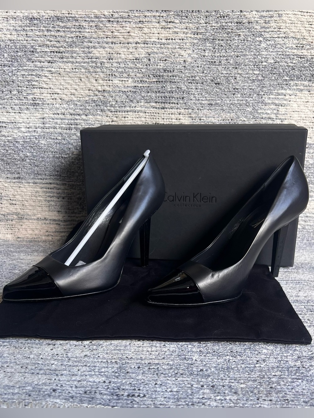 Calvin Klein Collection Black Leather Patent Cap Toe Pumps NEW
